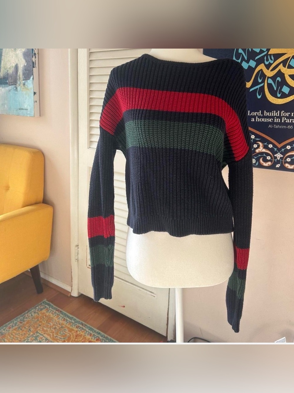 Vintage Kendall & Kylie Navy Ribbed Crewneck Sweater with Red and Green Stripes